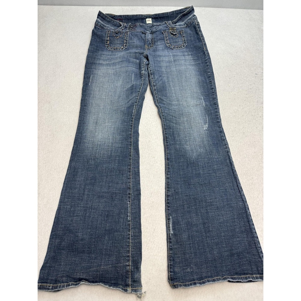 H2J‎ Jeans Womens 17/18 Blue Medium Wash Mid Rise Flare Distressed Stretch Denim